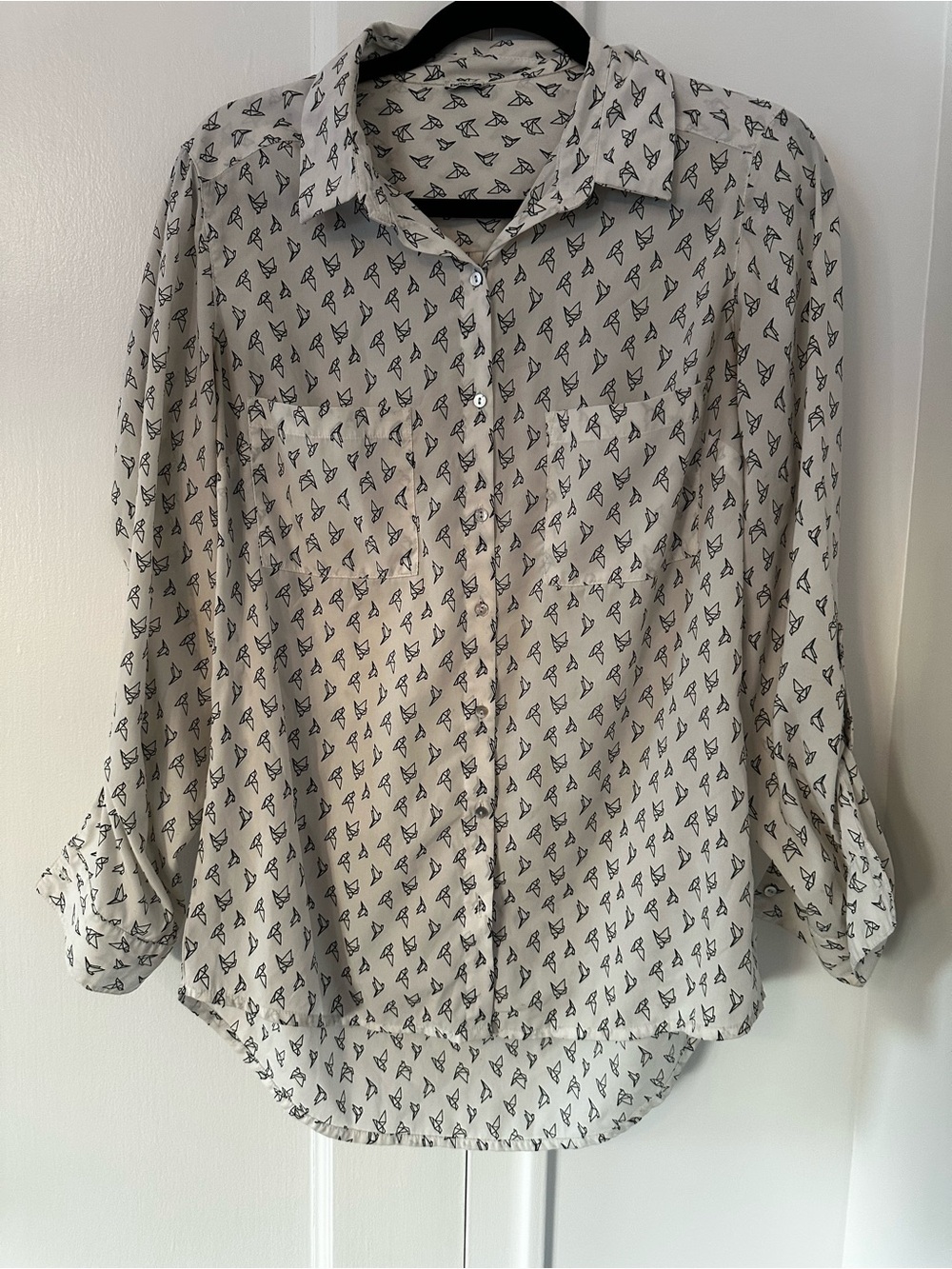 Pimkie oversized White Blouse button down shirt with Black Origami Bird Print